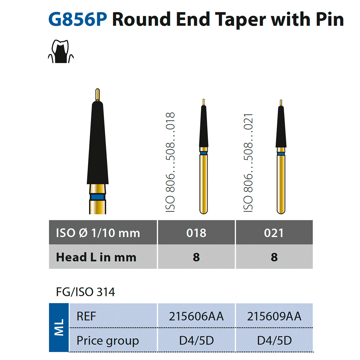 856P Fresa de diamante Troncocónica Punta Redondeada con Guide Pin