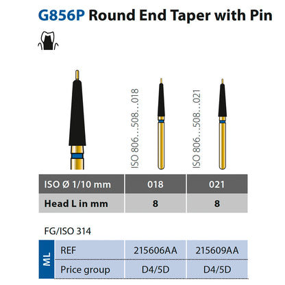 856P Fresa de diamante Troncocónica Punta Redondeada con Guide Pin