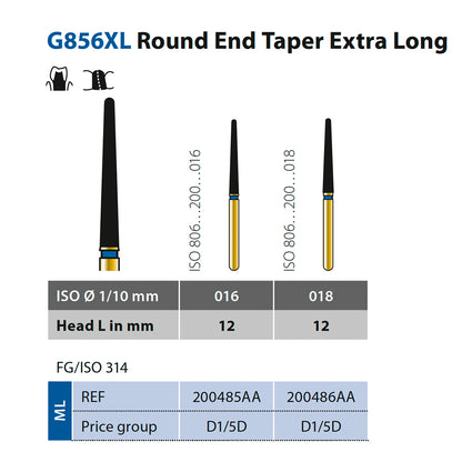 856XL Fresa de diamante Troncocónica Punta Redondeada Extra larga